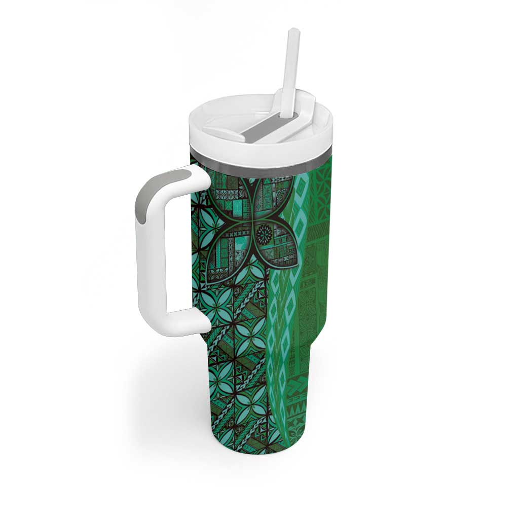 Samoan Pacific Tribal Flower Geometric Art Tattoos Tumbler With Handle Siapo Pattern Emerald Glow - Polynesian Pride
