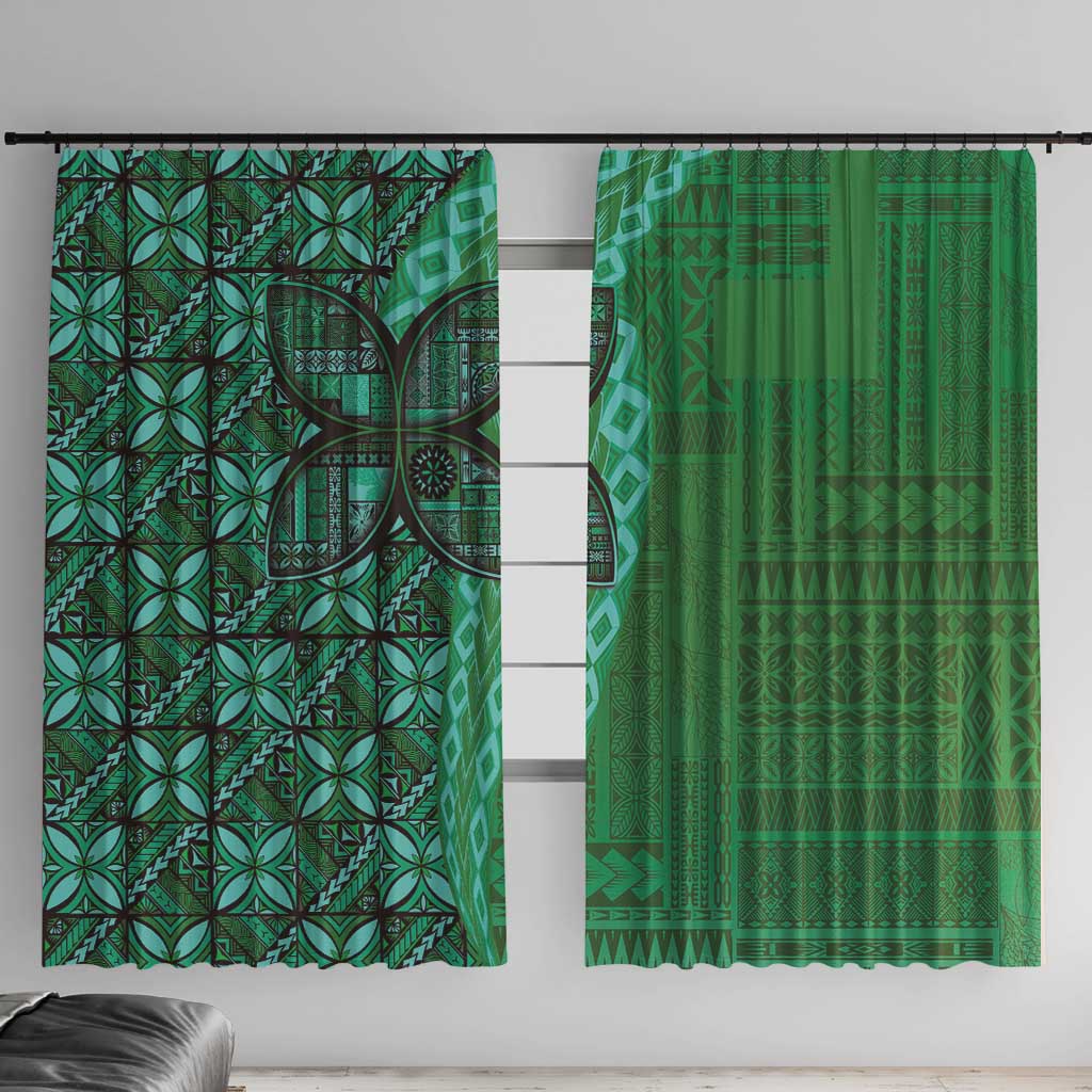Samoan Pacific Tribal Flower Geometric Art Tattoos Window Curtain Siapo Pattern Emerald Glow - Polynesian Pride