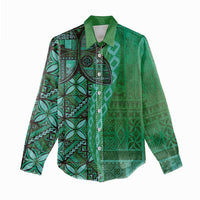 Samoan Pacific Tribal Flower Geometric Art Tattoos Women Casual Shirt Siapo Pattern Emerald Glow - Polynesian Pride