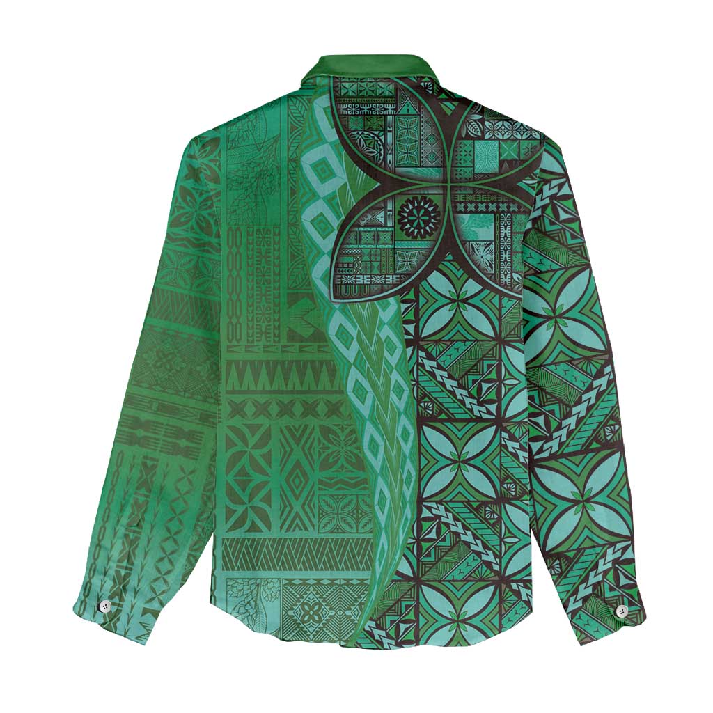 Samoan Pacific Tribal Flower Geometric Art Tattoos Women Casual Shirt Siapo Pattern Emerald Glow - Polynesian Pride