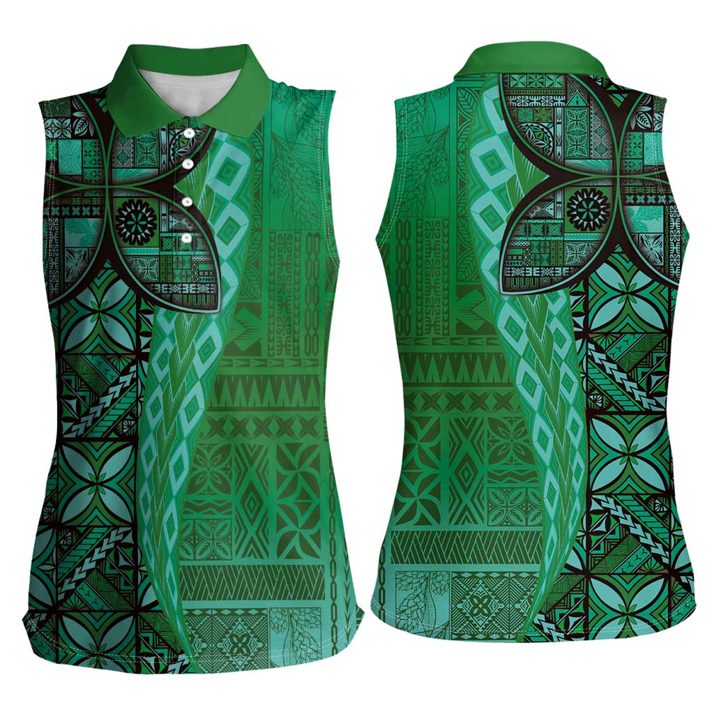 Samoan Pacific Tribal Flower Geometric Art Tattoos Women Sleeveless Polo Shirt Siapo Pattern Emerald Glow - Polynesian Pride