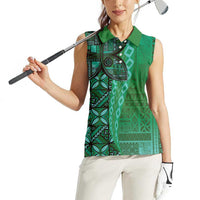 Samoan Pacific Tribal Flower Geometric Art Tattoos Women Sleeveless Polo Shirt Siapo Pattern Emerald Glow - Polynesian Pride