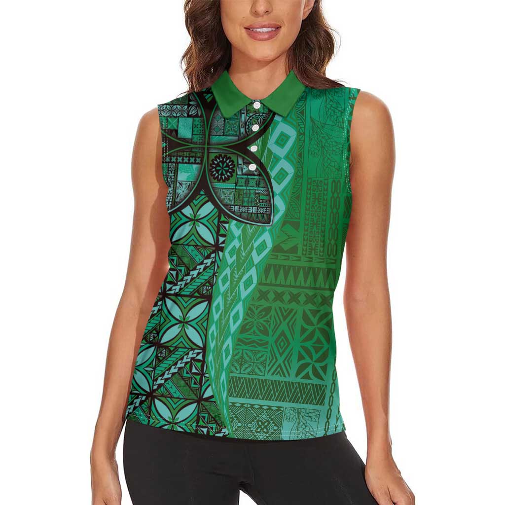 Samoan Pacific Tribal Flower Geometric Art Tattoos Women Sleeveless Polo Shirt Siapo Pattern Emerald Glow - Polynesian Pride