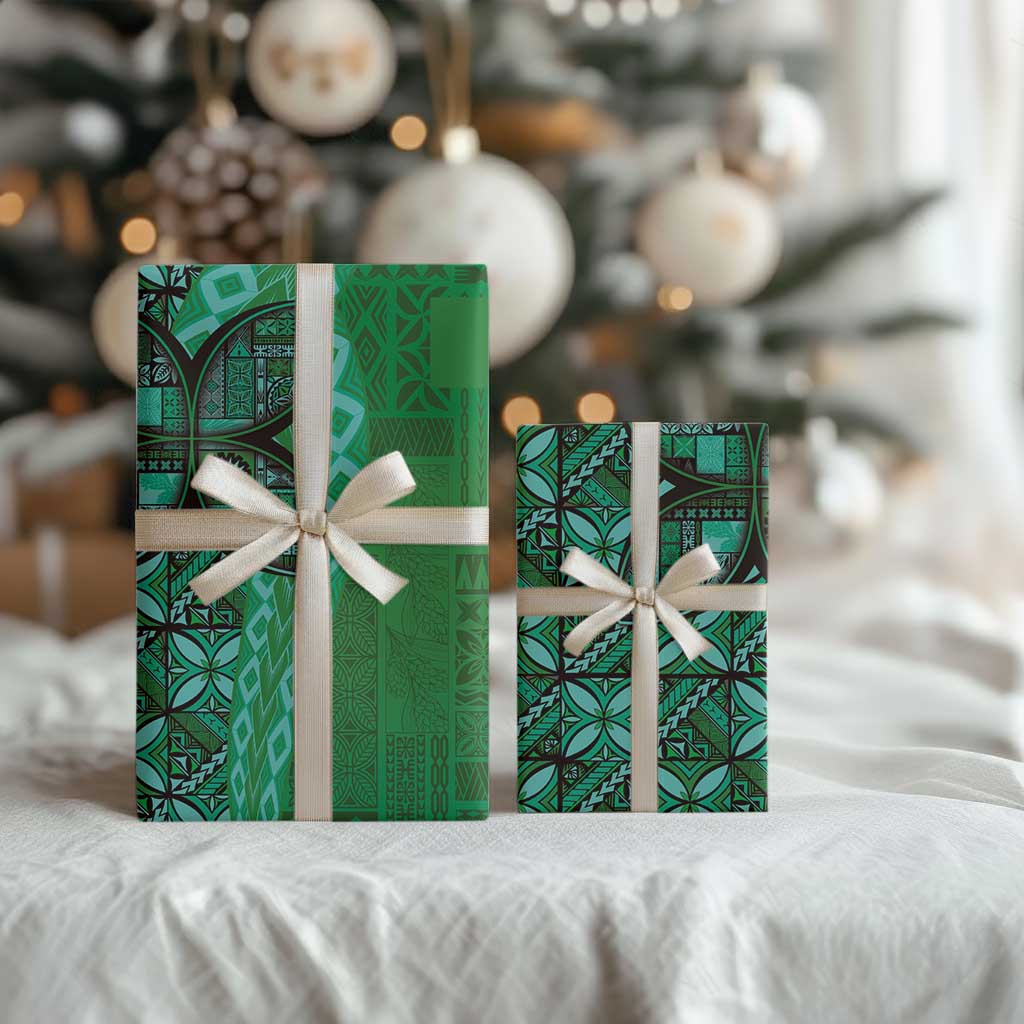Samoan Pacific Tribal Flower Geometric Art Tattoos Wrapping Paper Siapo Pattern Emerald Glow - Polynesian Pride