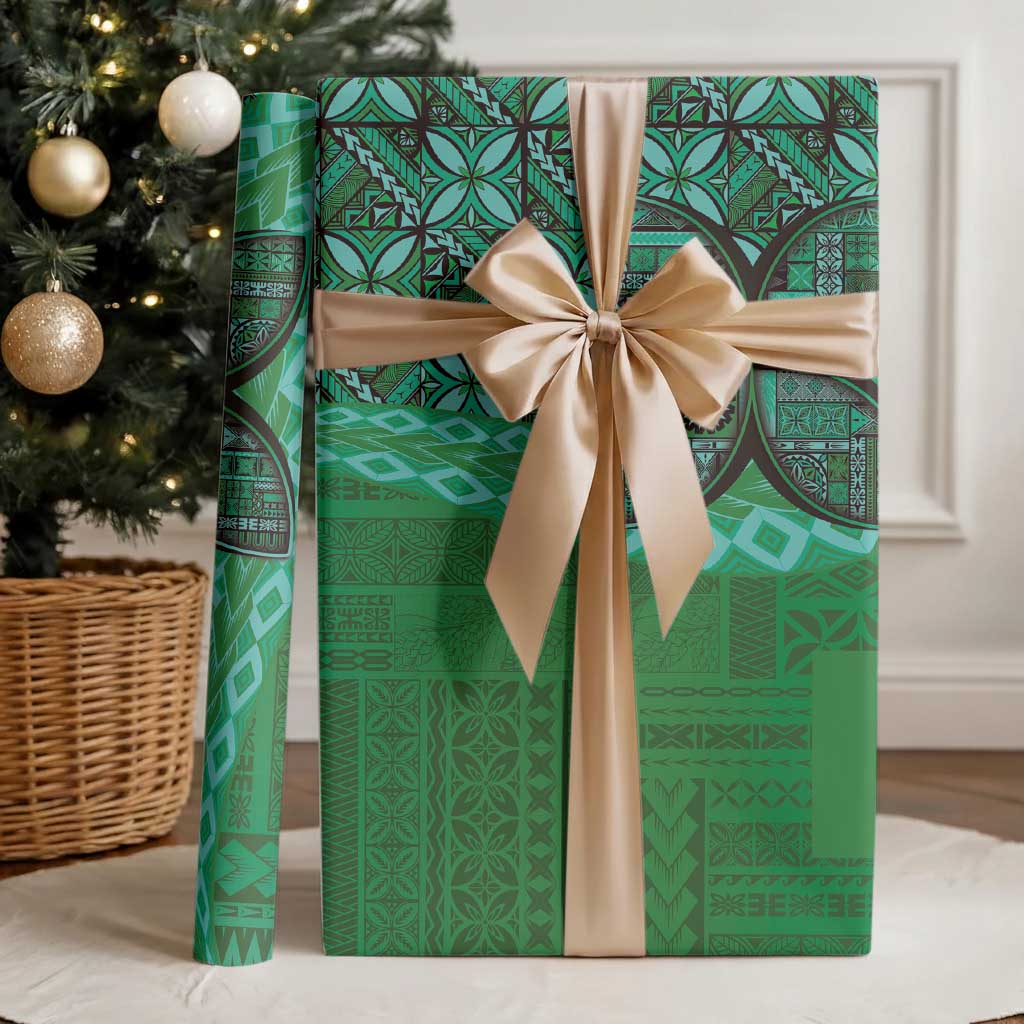 Samoan Pacific Tribal Flower Geometric Art Tattoos Wrapping Paper Siapo Pattern Emerald Glow - Polynesian Pride