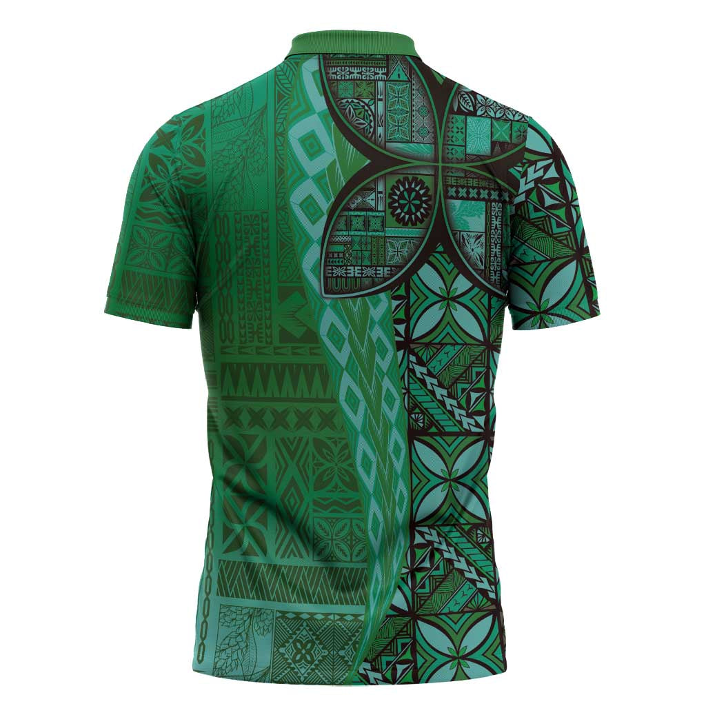 Samoan Pacific Tribal Flower Geometric Art Tattoos Zipper Polo Shirt Siapo Pattern Emerald Glow - Polynesian Pride