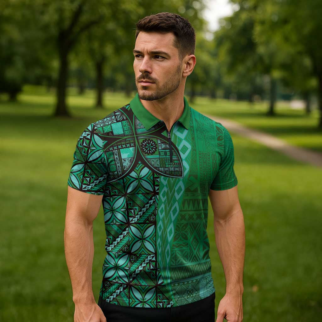 Samoan Pacific Tribal Flower Geometric Art Tattoos Zipper Polo Shirt Siapo Pattern Emerald Glow - Polynesian Pride