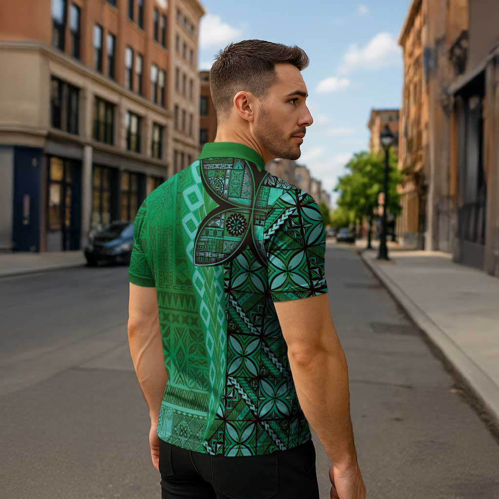 Samoan Pacific Tribal Flower Geometric Art Tattoos Zipper Polo Shirt Siapo Pattern Emerald Glow - Polynesian Pride