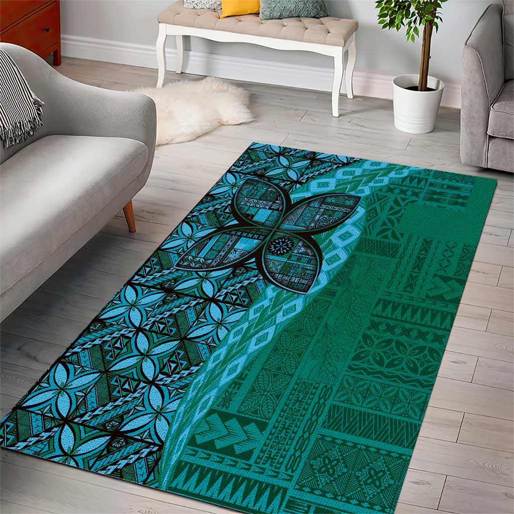 Samoan Pacific Tribal Flower Geometric Art Tattoos Area Rug Siapo Pattern Turquoise Tide - Polynesian Pride