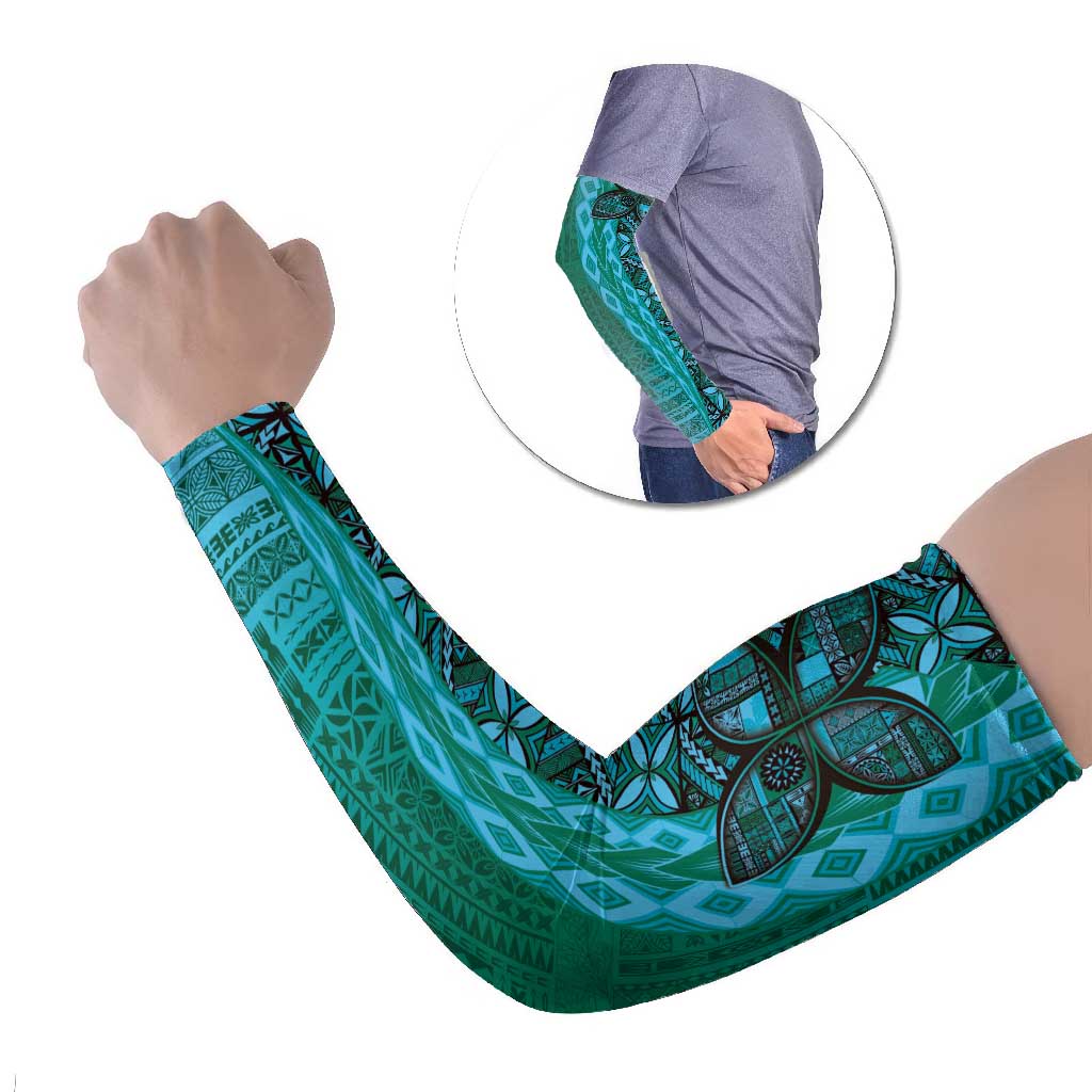 Samoan Pacific Tribal Flower Geometric Art Tattoos Arm Sleeves Siapo Pattern Turquoise Tide - Polynesian Pride