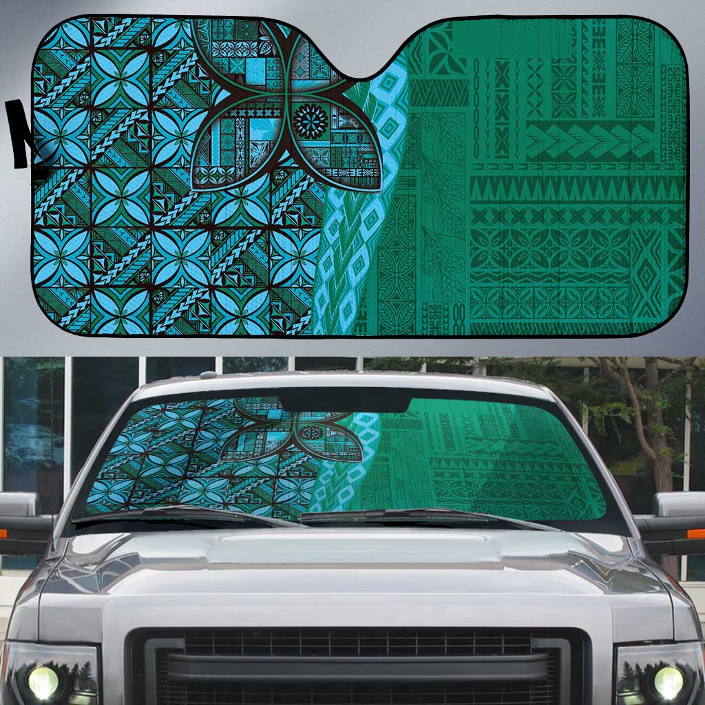 Samoan Pacific Tribal Flower Geometric Art Tattoos Auto Sun Shade Siapo Pattern Turquoise Tide - Polynesian Pride