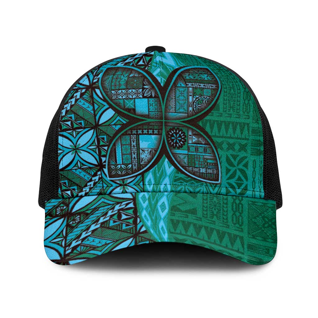Samoan Pacific Tribal Flower Geometric Art Tattoos Baseball Net Cap Siapo Pattern Turquoise Tide - Polynesian Pride