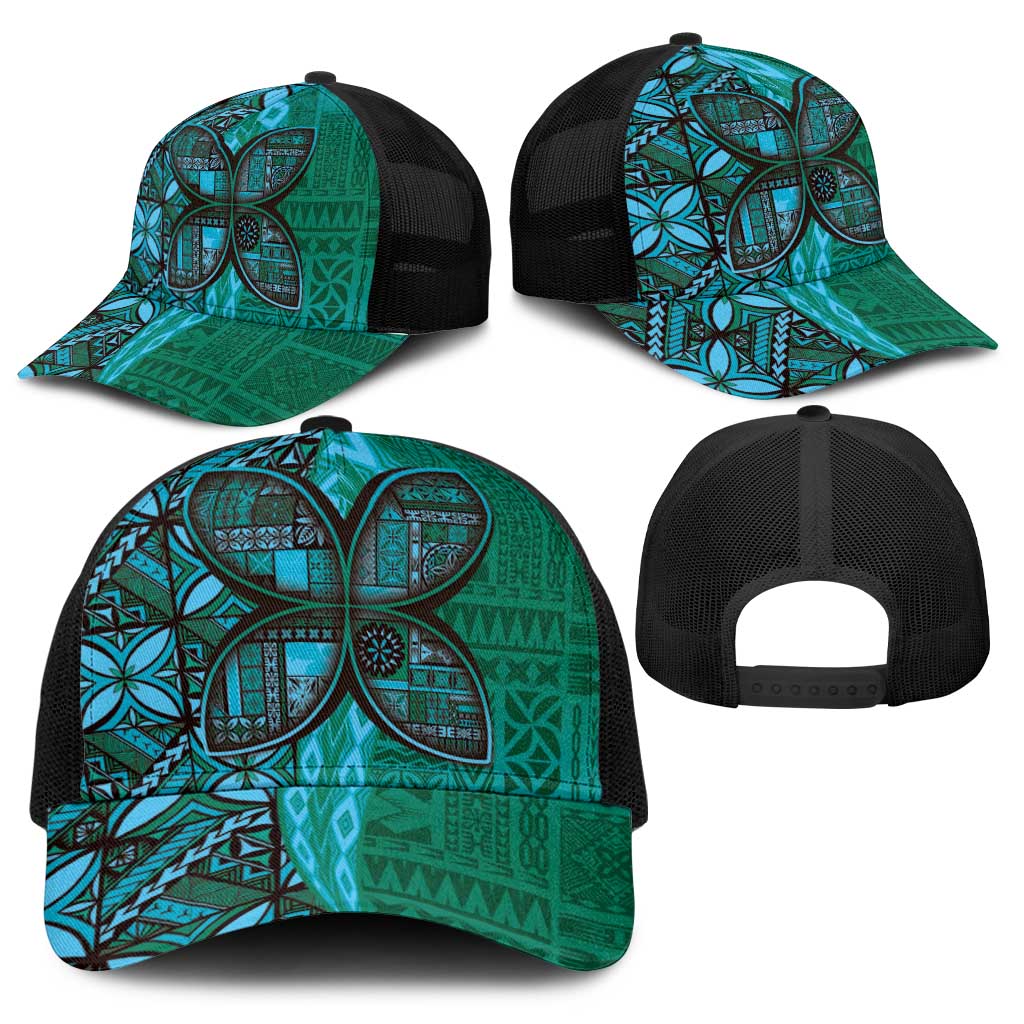 Samoan Pacific Tribal Flower Geometric Art Tattoos Baseball Net Cap Siapo Pattern Turquoise Tide - Polynesian Pride