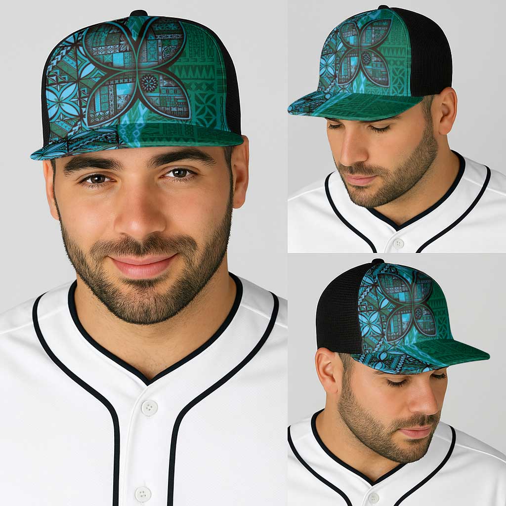 Samoan Pacific Tribal Flower Geometric Art Tattoos Baseball Net Cap Siapo Pattern Turquoise Tide - Polynesian Pride