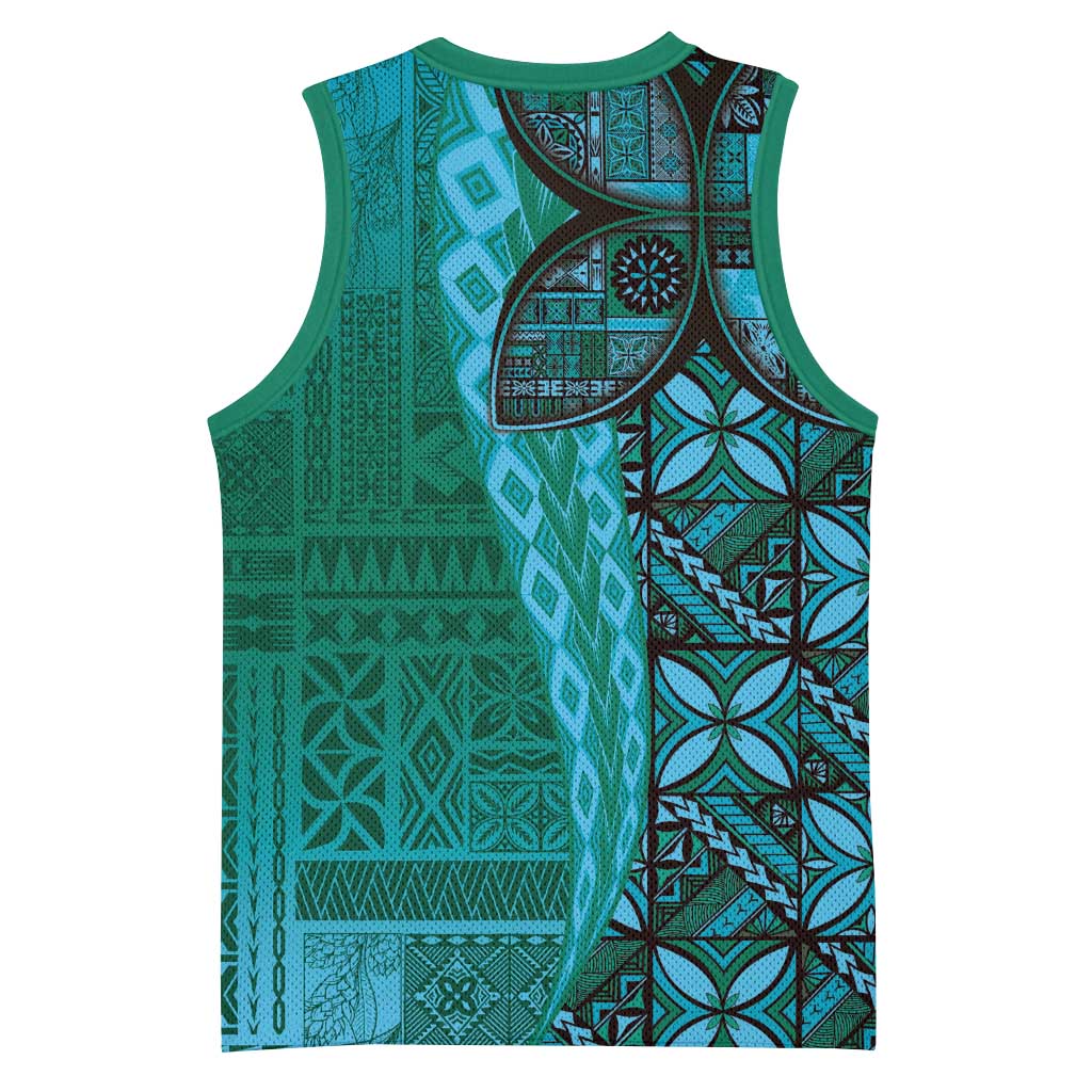 Samoan Pacific Tribal Flower Geometric Art Tattoos Basketball Jersey Siapo Pattern Turquoise Tide - Polynesian Pride