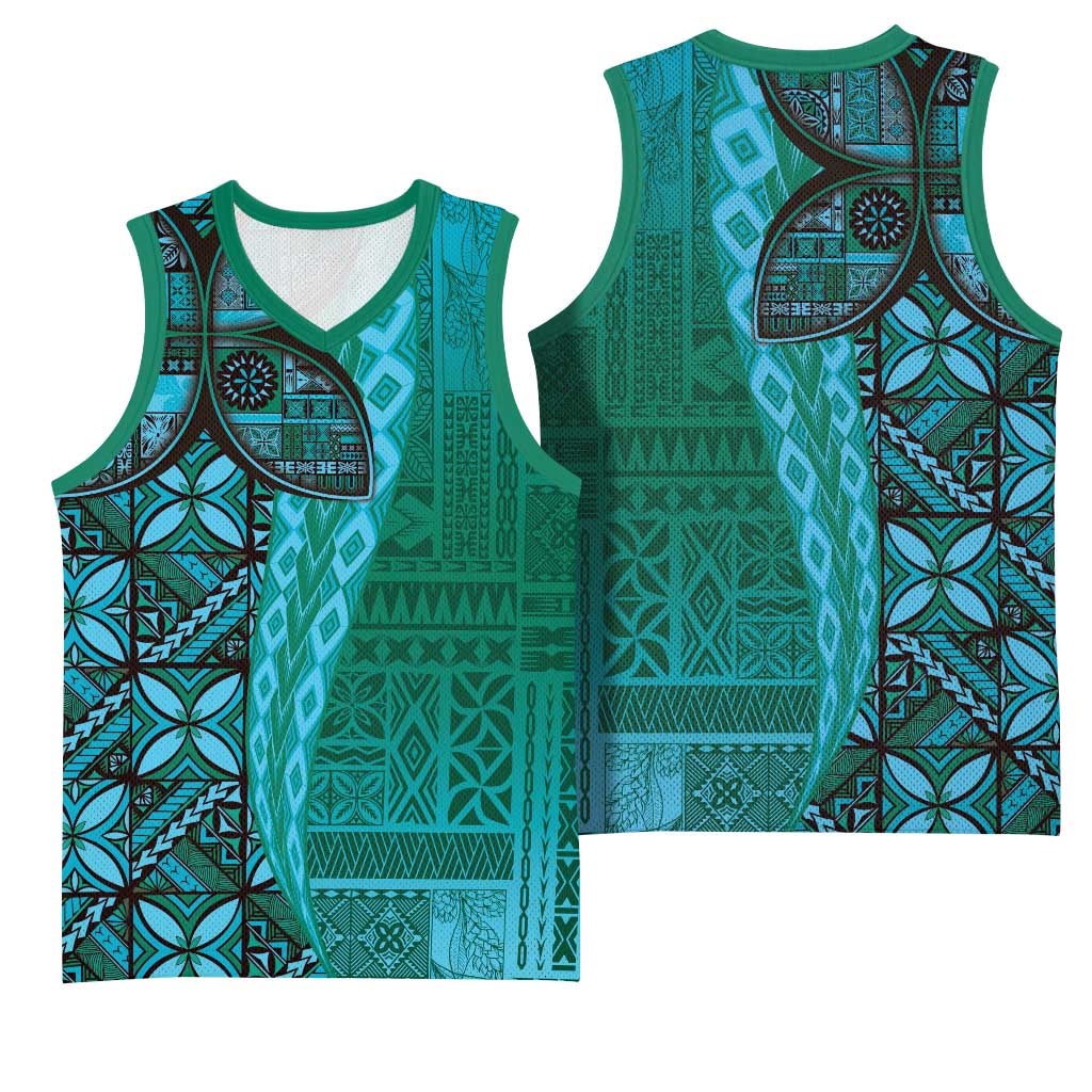 Samoan Pacific Tribal Flower Geometric Art Tattoos Basketball Jersey Siapo Pattern Turquoise Tide - Polynesian Pride