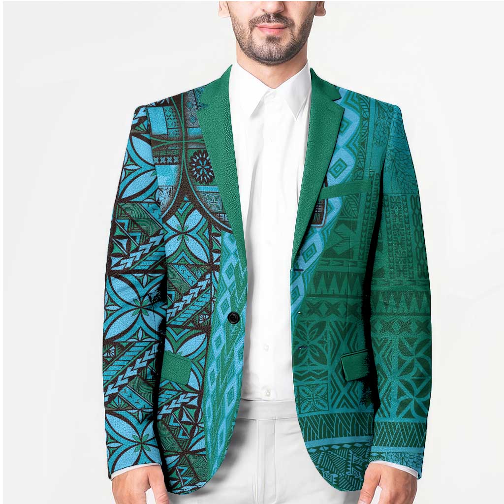 Samoan Pacific Tribal Flower Geometric Art Tattoos Blazer Siapo Pattern Turquoise Tide - Polynesian Pride