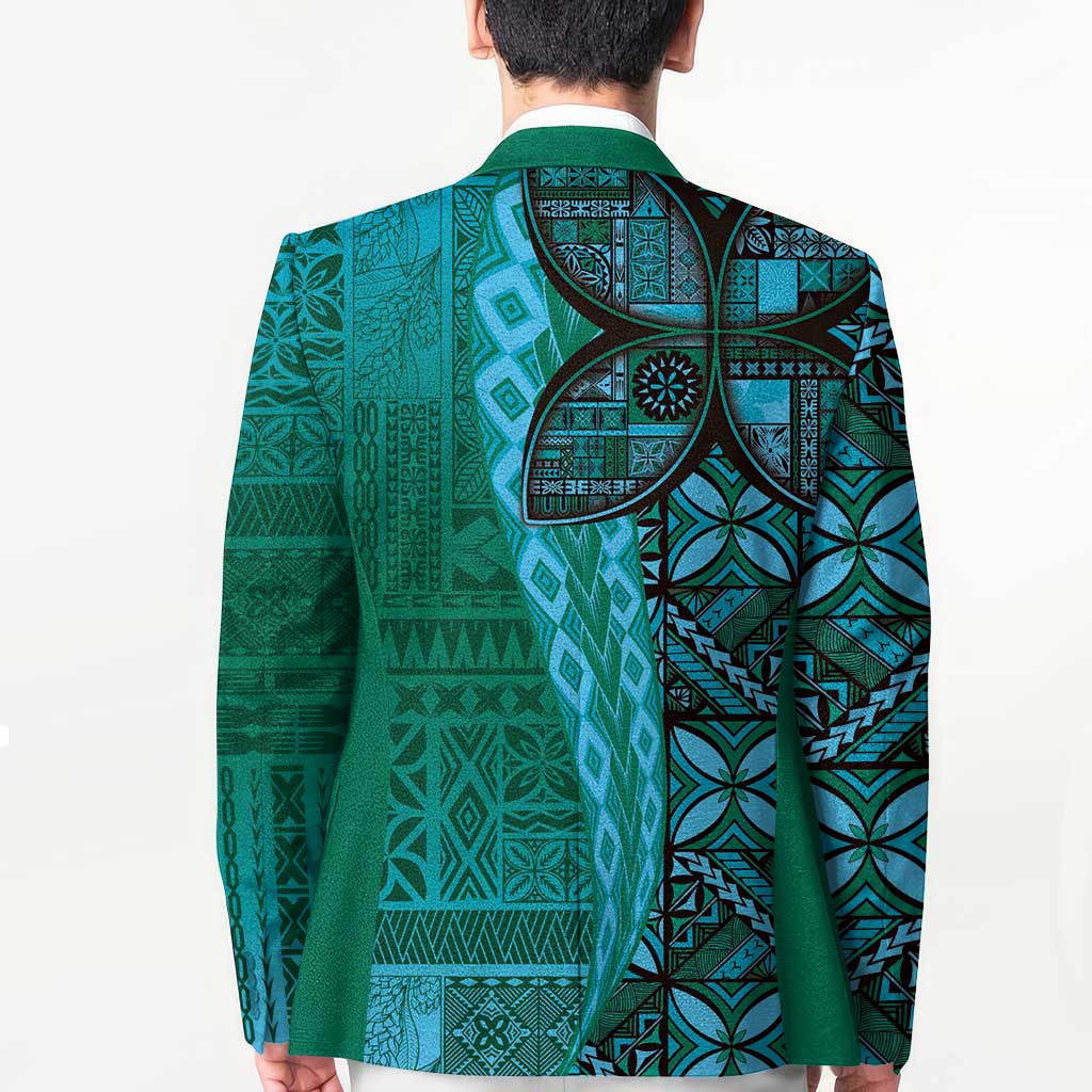 Samoan Pacific Tribal Flower Geometric Art Tattoos Blazer Siapo Pattern Turquoise Tide - Polynesian Pride