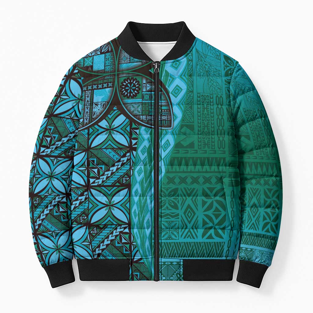 Samoan Pacific Tribal Flower Geometric Art Tattoos Bomber Puffer Jacket Siapo Pattern Turquoise Tide - Polynesian Pride