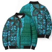 Samoan Pacific Tribal Flower Geometric Art Tattoos Bomber Puffer Jacket Siapo Pattern Turquoise Tide - Polynesian Pride