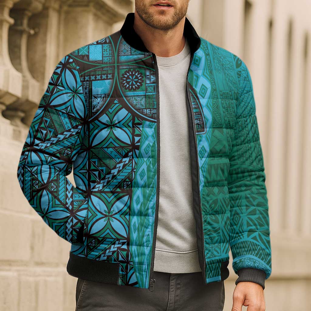 Samoan Pacific Tribal Flower Geometric Art Tattoos Bomber Puffer Jacket Siapo Pattern Turquoise Tide - Polynesian Pride