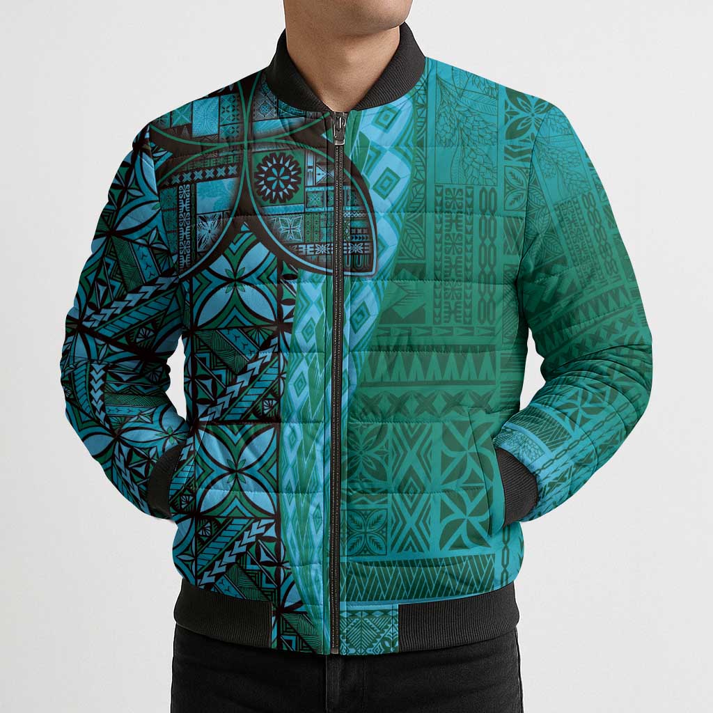 Samoan Pacific Tribal Flower Geometric Art Tattoos Bomber Puffer Jacket Siapo Pattern Turquoise Tide - Polynesian Pride