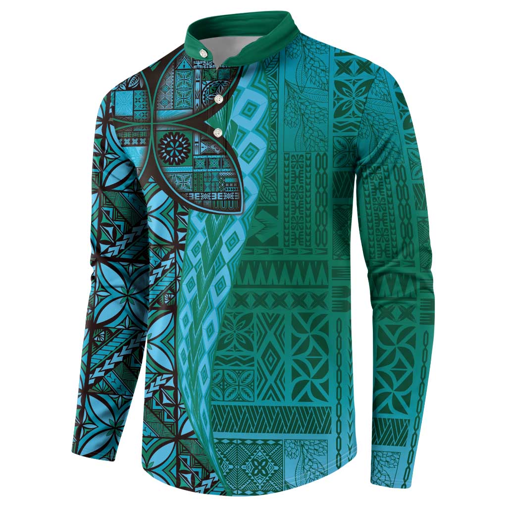 Samoan Pacific Tribal Flower Geometric Art Tattoos Button Sweatshirt Siapo Pattern Turquoise Tide - Polynesian Pride