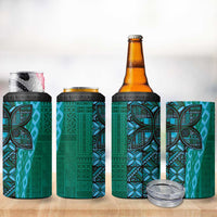 Samoan Pacific Tribal Flower Geometric Art Tattoos 4 in 1 Can Cooler Tumbler Siapo Pattern Turquoise Tide - Polynesian Pride