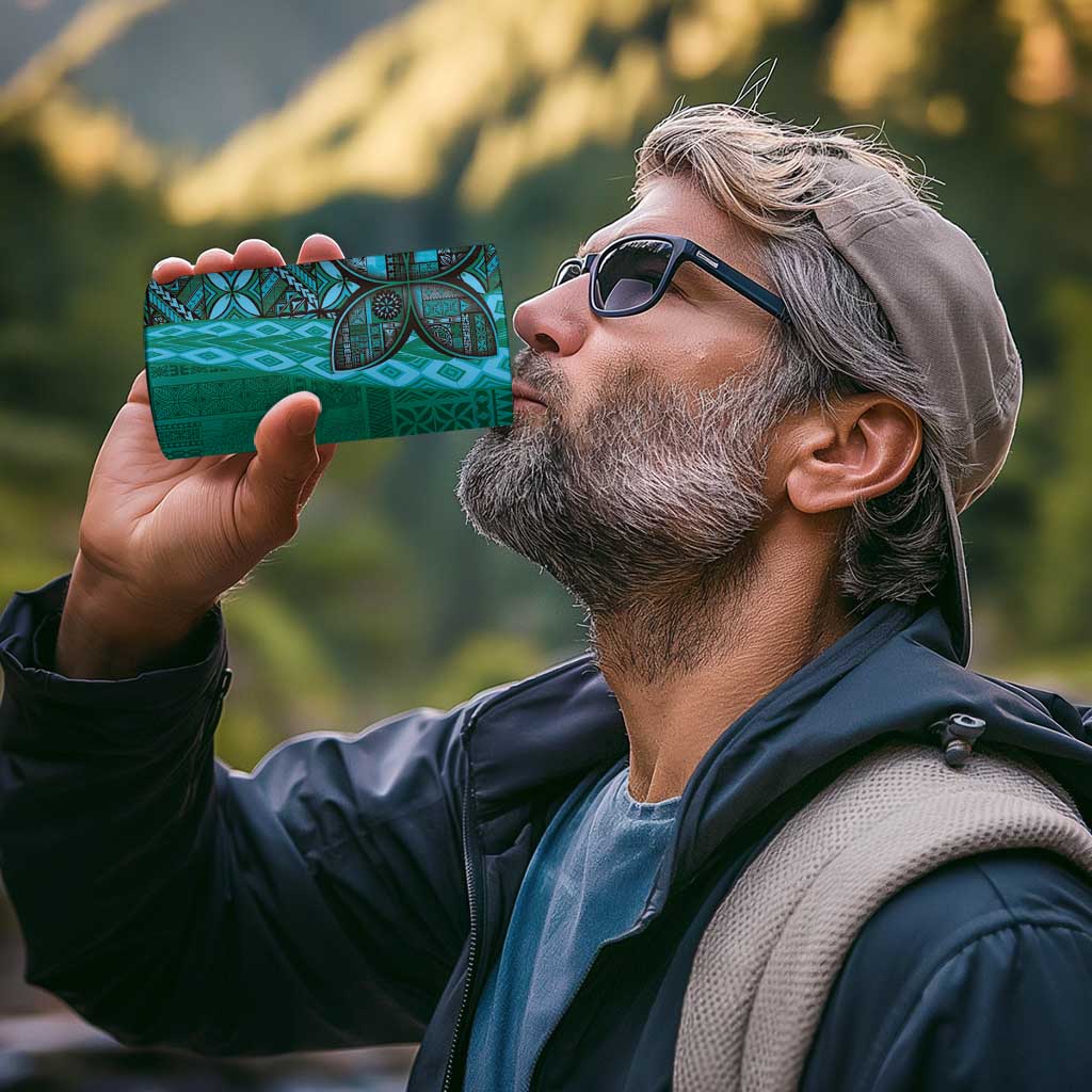 Samoan Pacific Tribal Flower Geometric Art Tattoos 4 in 1 Can Cooler Tumbler Siapo Pattern Turquoise Tide - Polynesian Pride