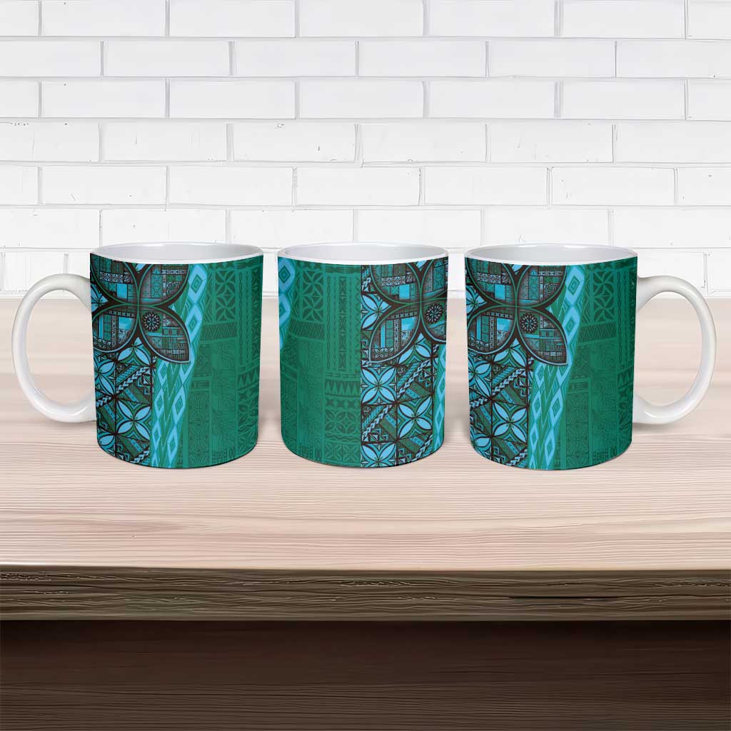 Samoan Pacific Tribal Flower Geometric Art Tattoos Ceramic Mug Siapo Pattern Turquoise Tide - Polynesian Pride