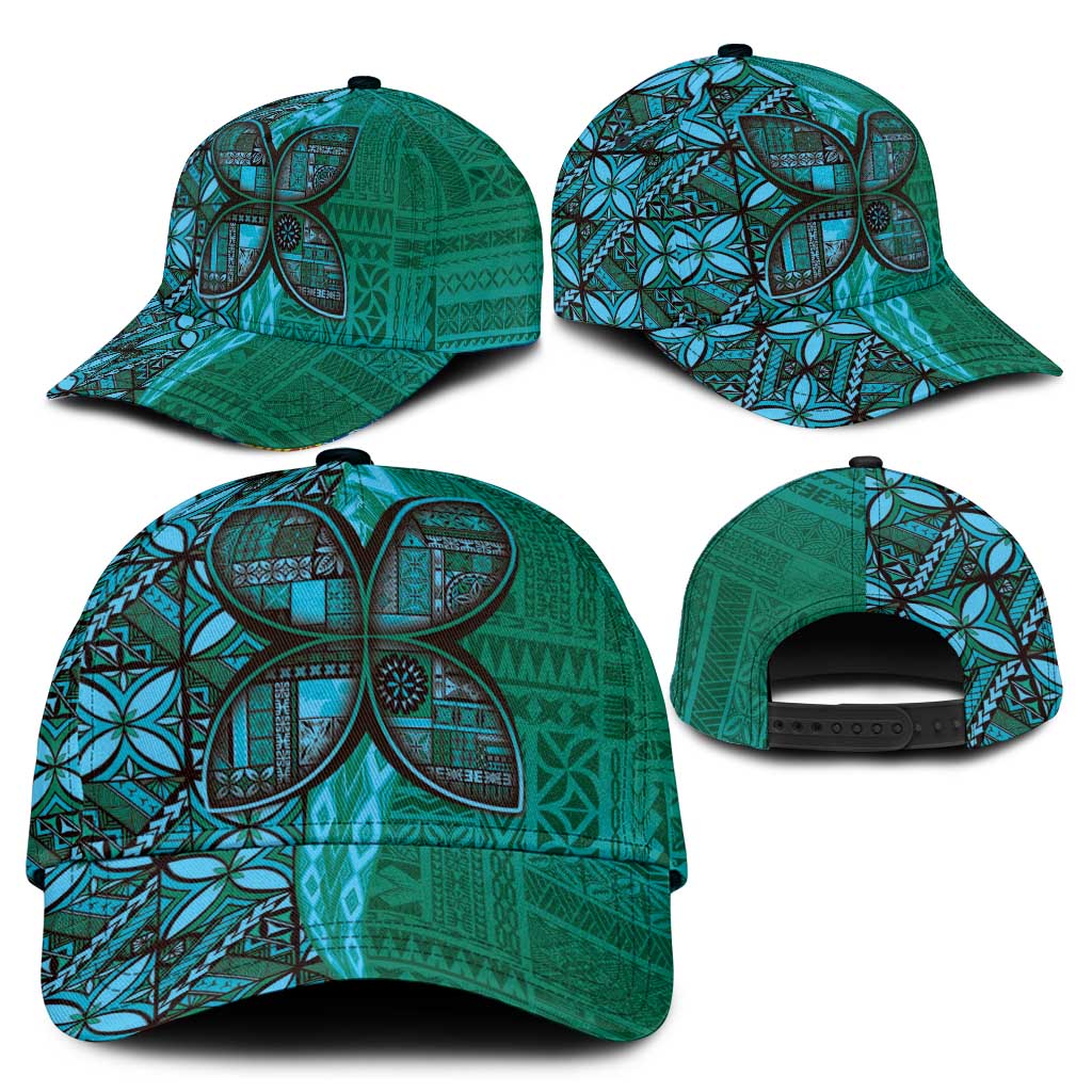 Samoan Pacific Tribal Flower Geometric Art Tattoos Classic Cap Siapo Pattern Turquoise Tide - Polynesian Pride
