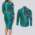 Samoan Pacific Tribal Flower Geometric Art Tattoos Couples Matching Long Sleeve Bodycon Dress and Long Sleeve Button Shirt Siapo Pattern Turquoise Tide - Polynesian Pride