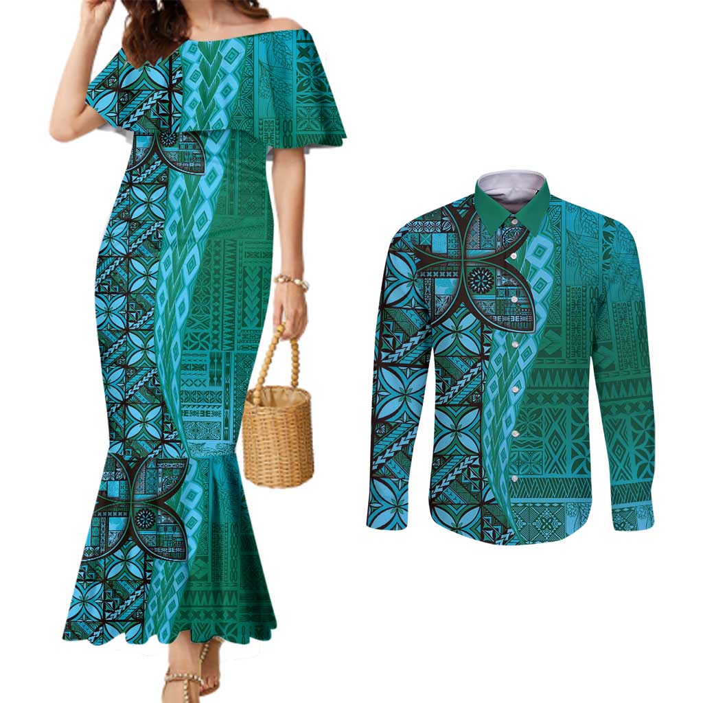 Samoan Pacific Tribal Flower Geometric Art Tattoos Couples Matching Mermaid Dress and Long Sleeve Button Shirt Siapo Pattern Turquoise Tide - Polynesian Pride