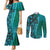 Samoan Pacific Tribal Flower Geometric Art Tattoos Couples Matching Mermaid Dress and Long Sleeve Button Shirt Siapo Pattern Turquoise Tide - Polynesian Pride
