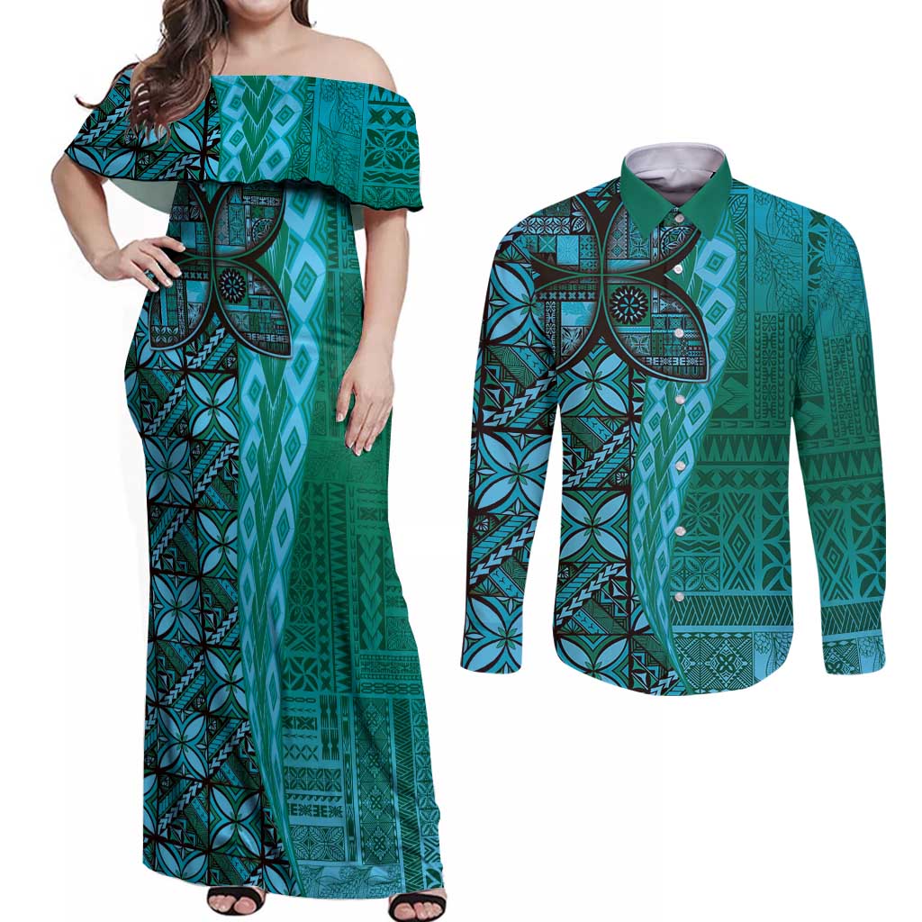 Samoan Pacific Tribal Flower Geometric Art Tattoos Couples Matching Off Shoulder Maxi Dress and Long Sleeve Button Shirt Siapo Pattern Turquoise Tide - Polynesian Pride