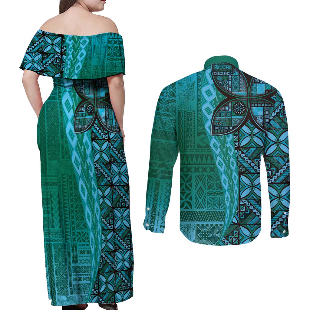 Samoan Pacific Tribal Flower Geometric Art Tattoos Couples Matching Off Shoulder Maxi Dress and Long Sleeve Button Shirt Siapo Pattern Turquoise Tide - Polynesian Pride