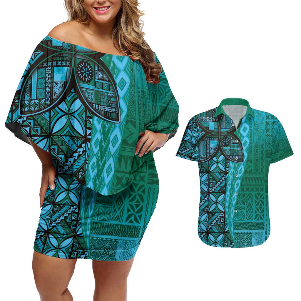 Samoan Pacific Tribal Flower Geometric Art Tattoos Couples Matching Off Shoulder Short Dress and Hawaiian Shirt Siapo Pattern Turquoise Tide - Polynesian Pride