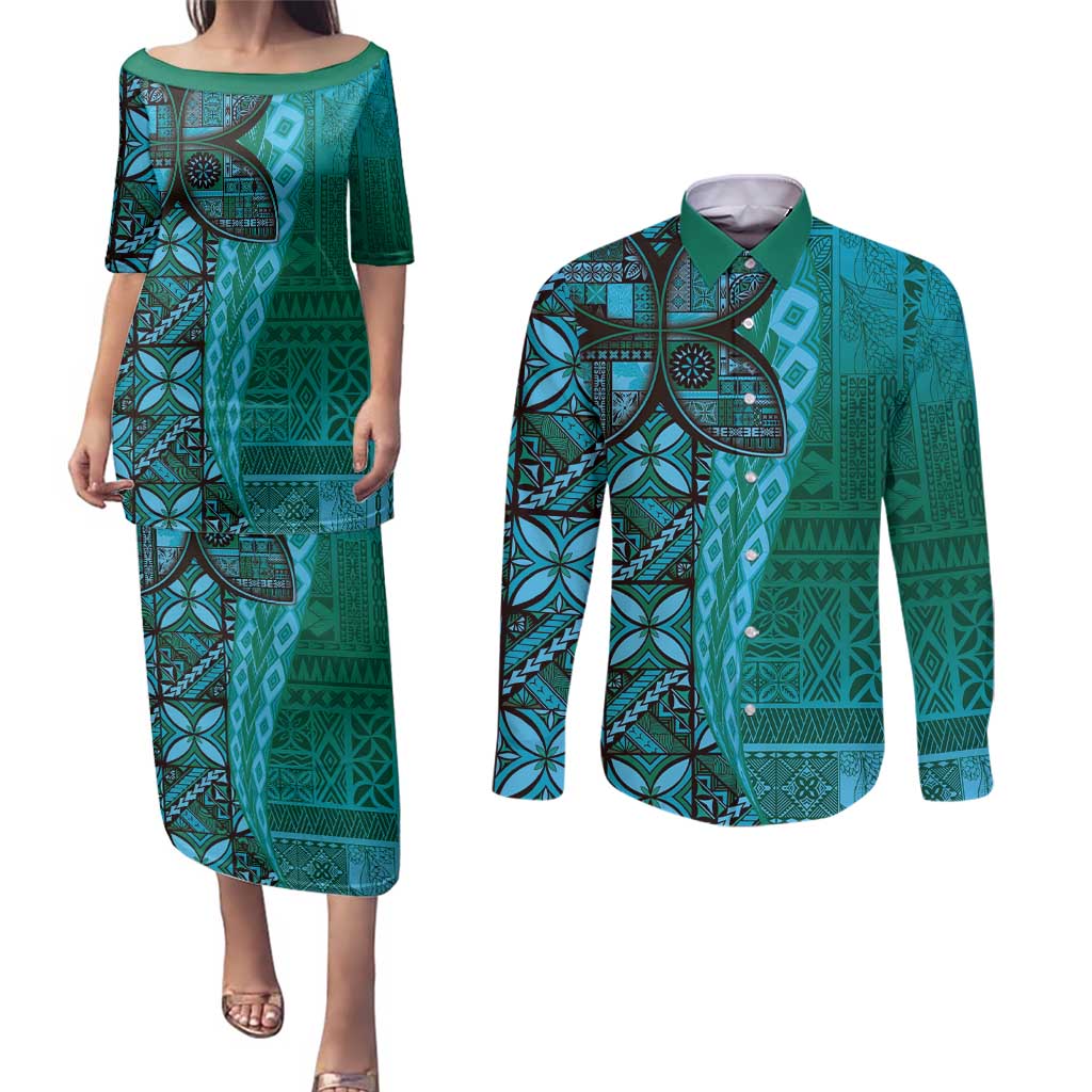 Samoan Pacific Tribal Flower Geometric Art Tattoos Couples Matching Puletasi and Long Sleeve Button Shirt Siapo Pattern Turquoise Tide - Polynesian Pride