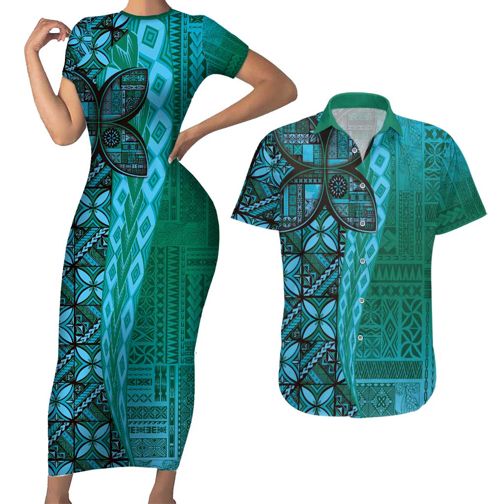 Samoan Pacific Tribal Flower Geometric Art Tattoos Couples Matching Short Sleeve Bodycon Dress and Hawaiian Shirt Siapo Pattern Turquoise Tide - Polynesian Pride