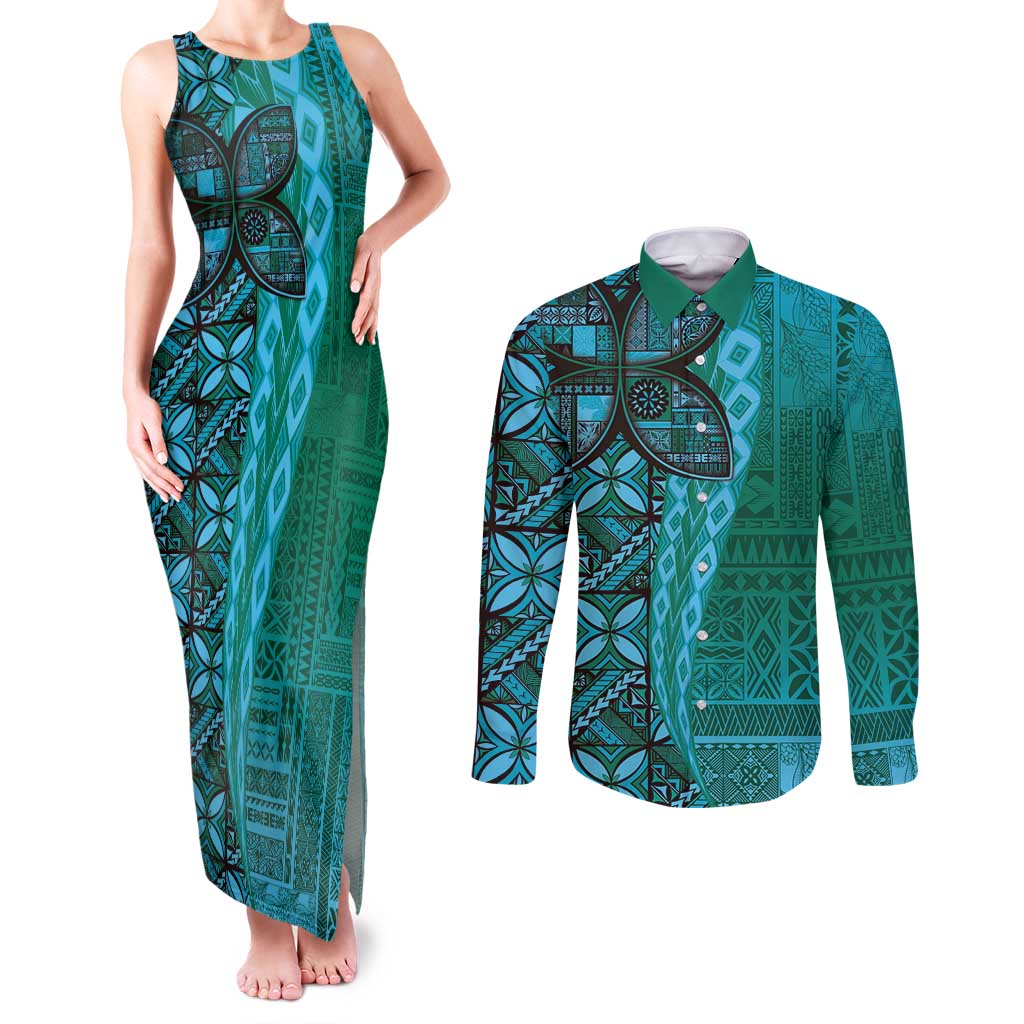 Samoan Pacific Tribal Flower Geometric Art Tattoos Couples Matching Tank Maxi Dress and Long Sleeve Button Shirt Siapo Pattern Turquoise Tide - Polynesian Pride
