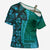 Samoan Pacific Tribal Flower Geometric Art Tattoos Cross Shoulder Shirt Siapo Pattern Turquoise Tide - Polynesian Pride