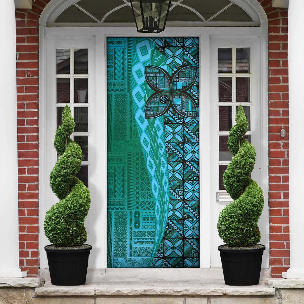 Samoan Pacific Tribal Flower Geometric Art Tattoos Door Cover Siapo Pattern Turquoise Tide - Polynesian Pride
