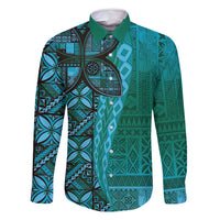 Samoan Pacific Tribal Flower Geometric Art Tattoos Family Matching Long Sleeve Bodycon Dress and Hawaiian Shirt Siapo Pattern Turquoise Tide - Polynesian Pride