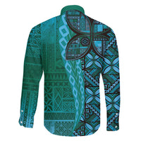 Samoan Pacific Tribal Flower Geometric Art Tattoos Family Matching Long Sleeve Bodycon Dress and Hawaiian Shirt Siapo Pattern Turquoise Tide - Polynesian Pride