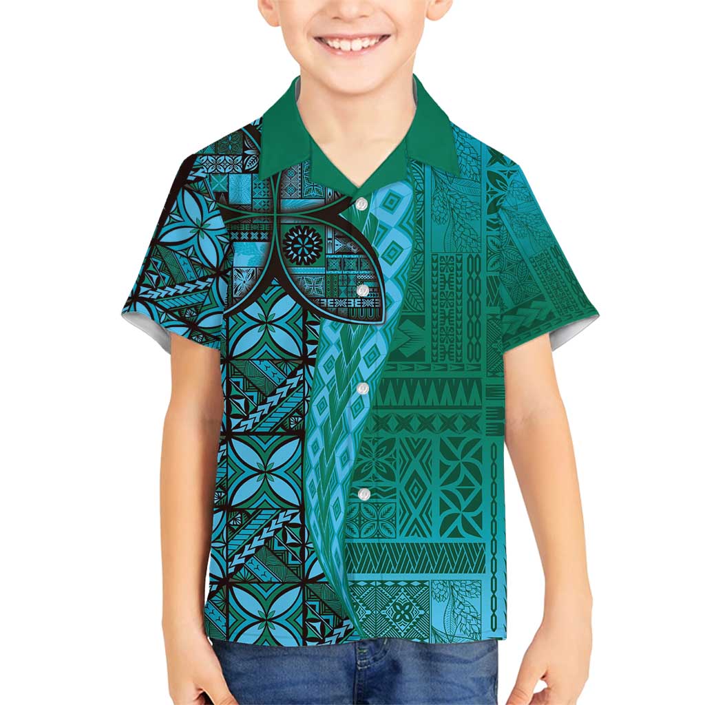 Samoan Pacific Tribal Flower Geometric Art Tattoos Family Matching Long Sleeve Bodycon Dress and Hawaiian Shirt Siapo Pattern Turquoise Tide - Polynesian Pride