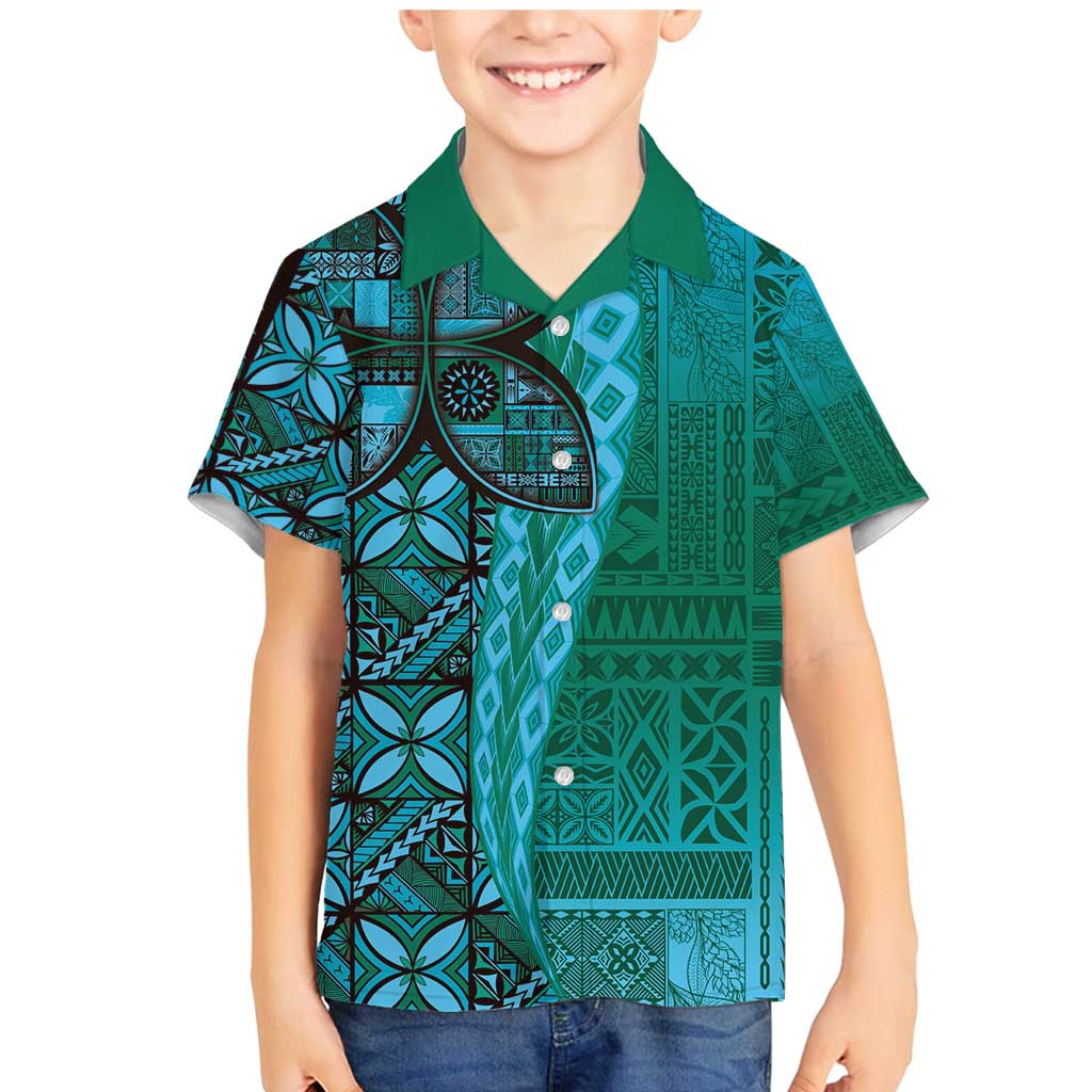 Samoan Pacific Tribal Flower Geometric Art Tattoos Family Matching Mermaid Dress and Hawaiian Shirt Siapo Pattern Turquoise Tide - Polynesian Pride