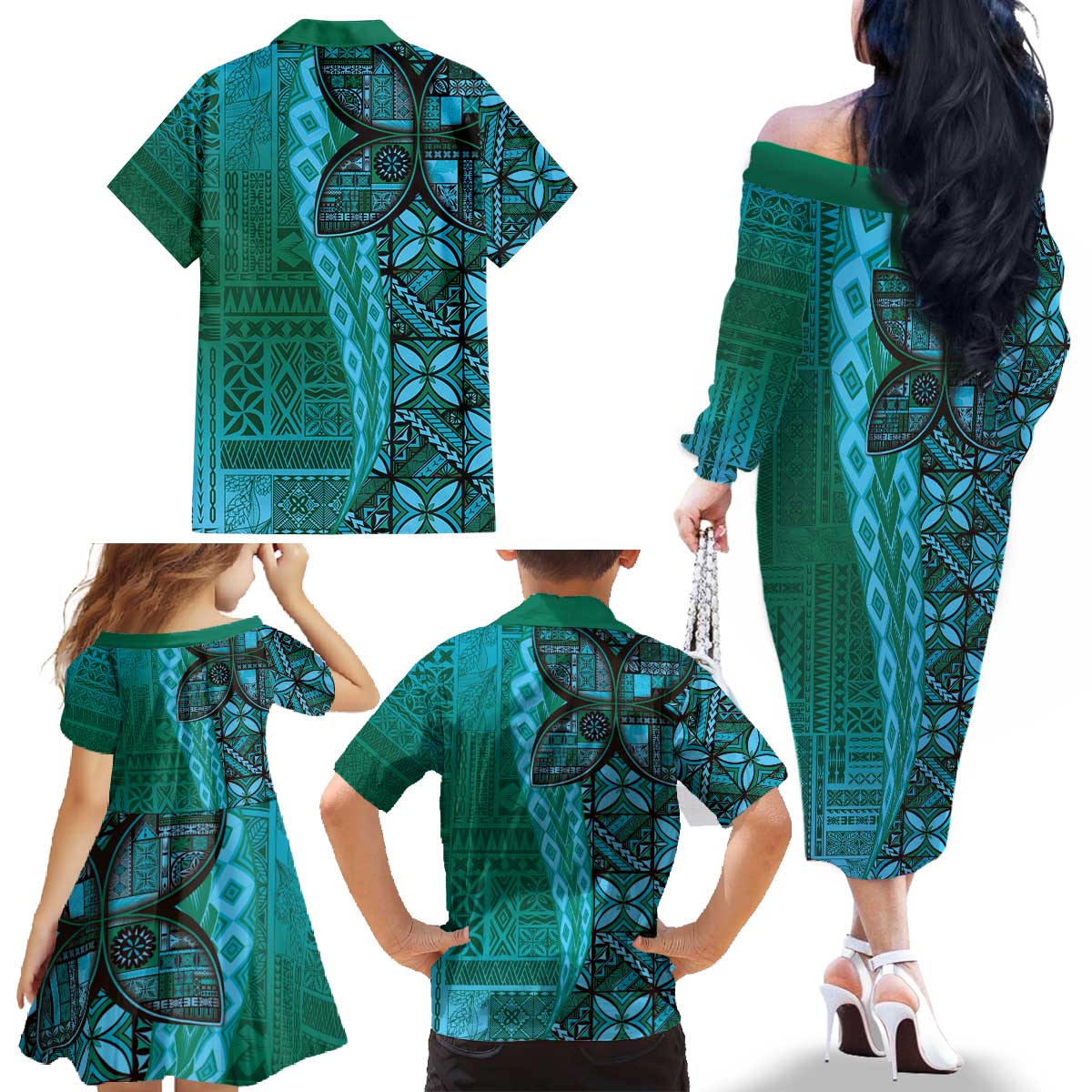 Samoan Pacific Tribal Flower Geometric Art Tattoos Family Matching Off The Shoulder Long Sleeve Dress and Hawaiian Shirt Siapo Pattern Turquoise Tide - Polynesian Pride