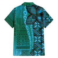 Samoan Pacific Tribal Flower Geometric Art Tattoos Family Matching Off The Shoulder Long Sleeve Dress and Hawaiian Shirt Siapo Pattern Turquoise Tide - Polynesian Pride