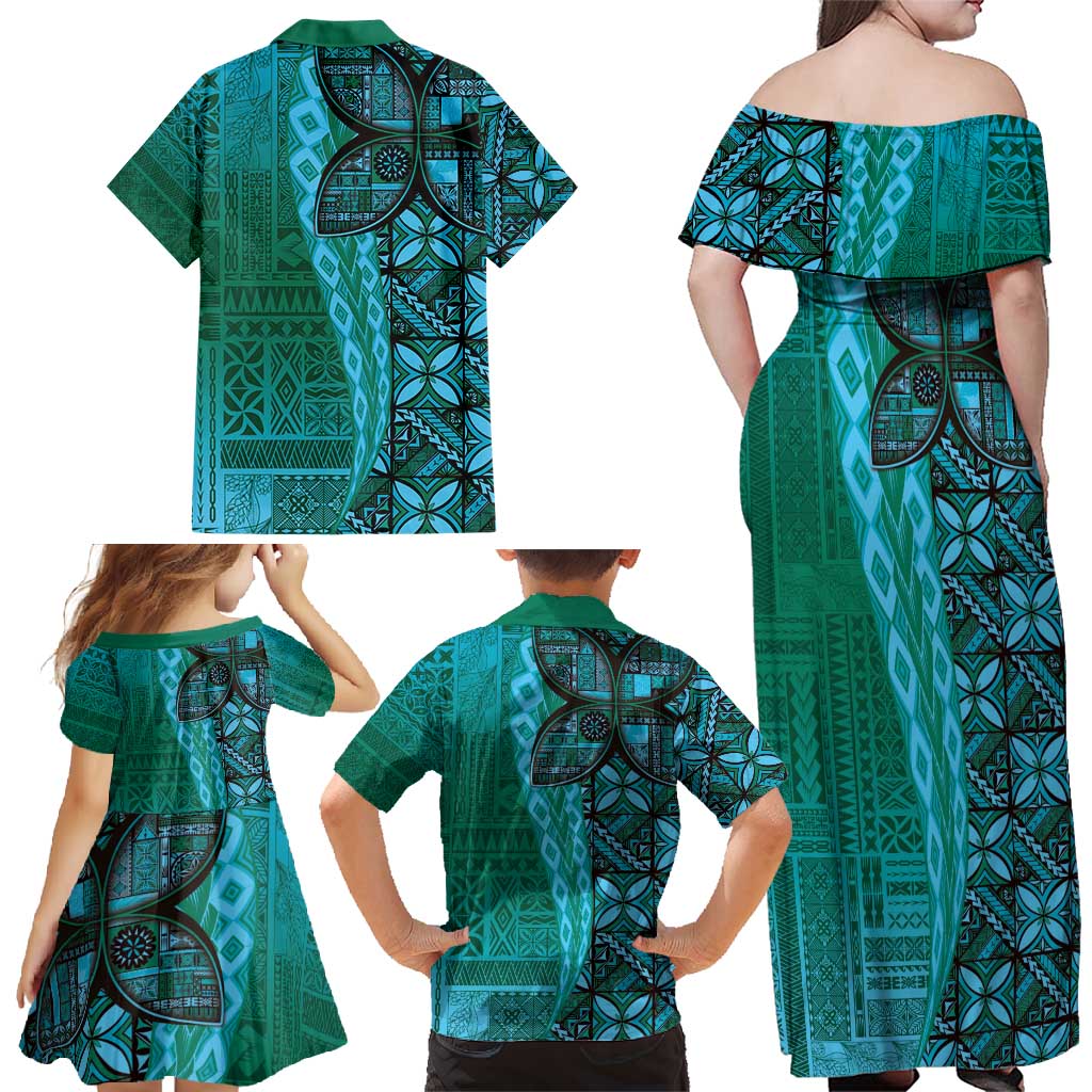 Samoan Pacific Tribal Flower Geometric Art Tattoos Family Matching Off Shoulder Maxi Dress and Hawaiian Shirt Siapo Pattern Turquoise Tide - Polynesian Pride