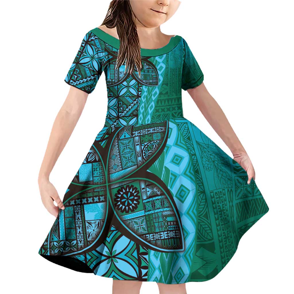 Samoan Pacific Tribal Flower Geometric Art Tattoos Family Matching Off Shoulder Short Dress and Hawaiian Shirt Siapo Pattern Turquoise Tide - Polynesian Pride
